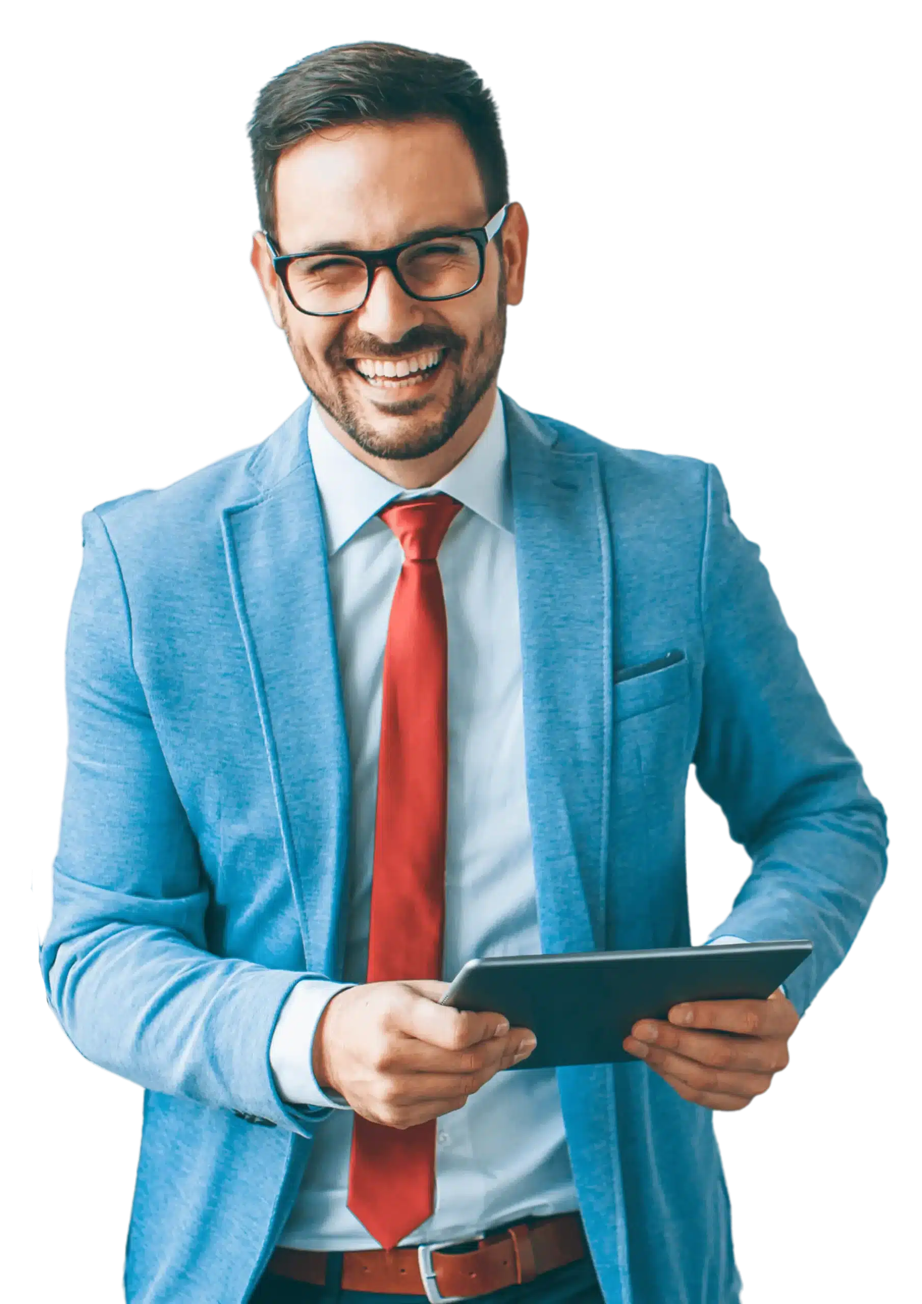Man in blue blazer holding notebook